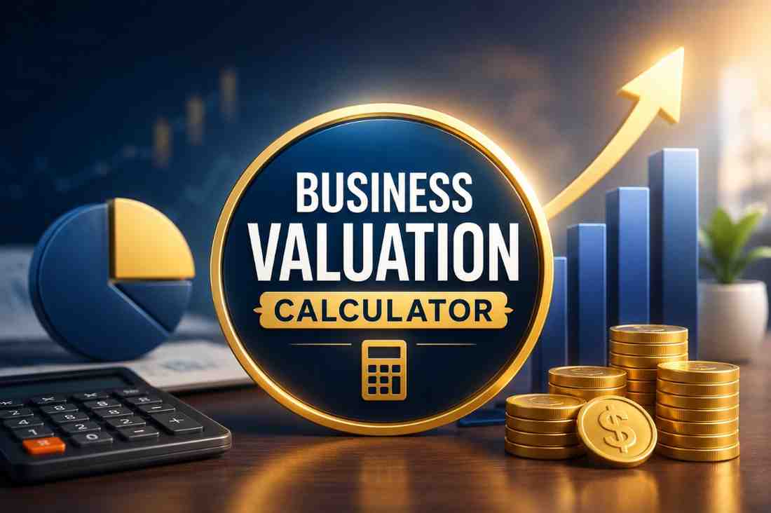Business Valuation Calculator showing company valuation, financial analysis, profit growth, revenue charts, and business worth estimation tools