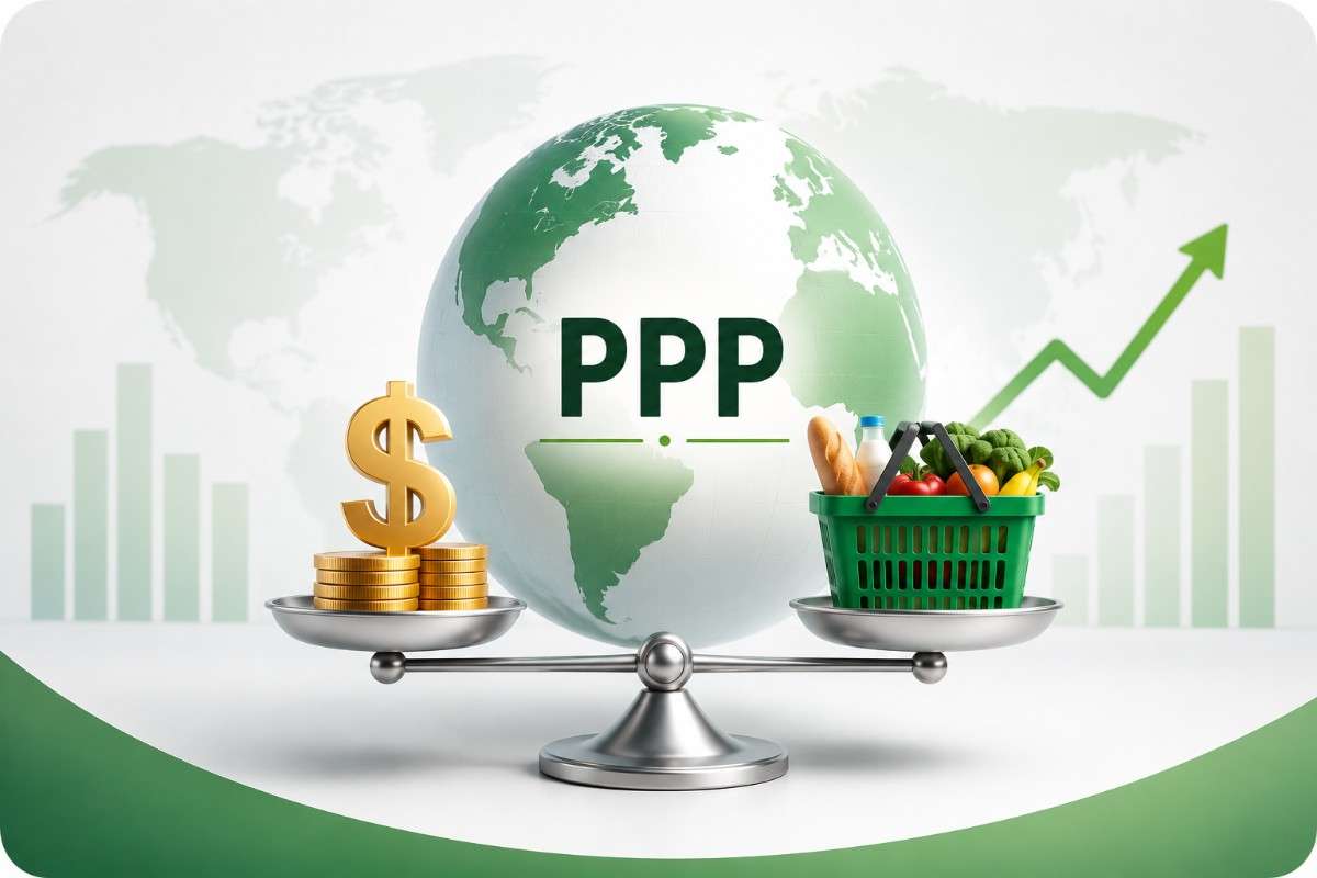 Purchasing Power Parity PPP concept showing global currency value comparison and cost of living analysis